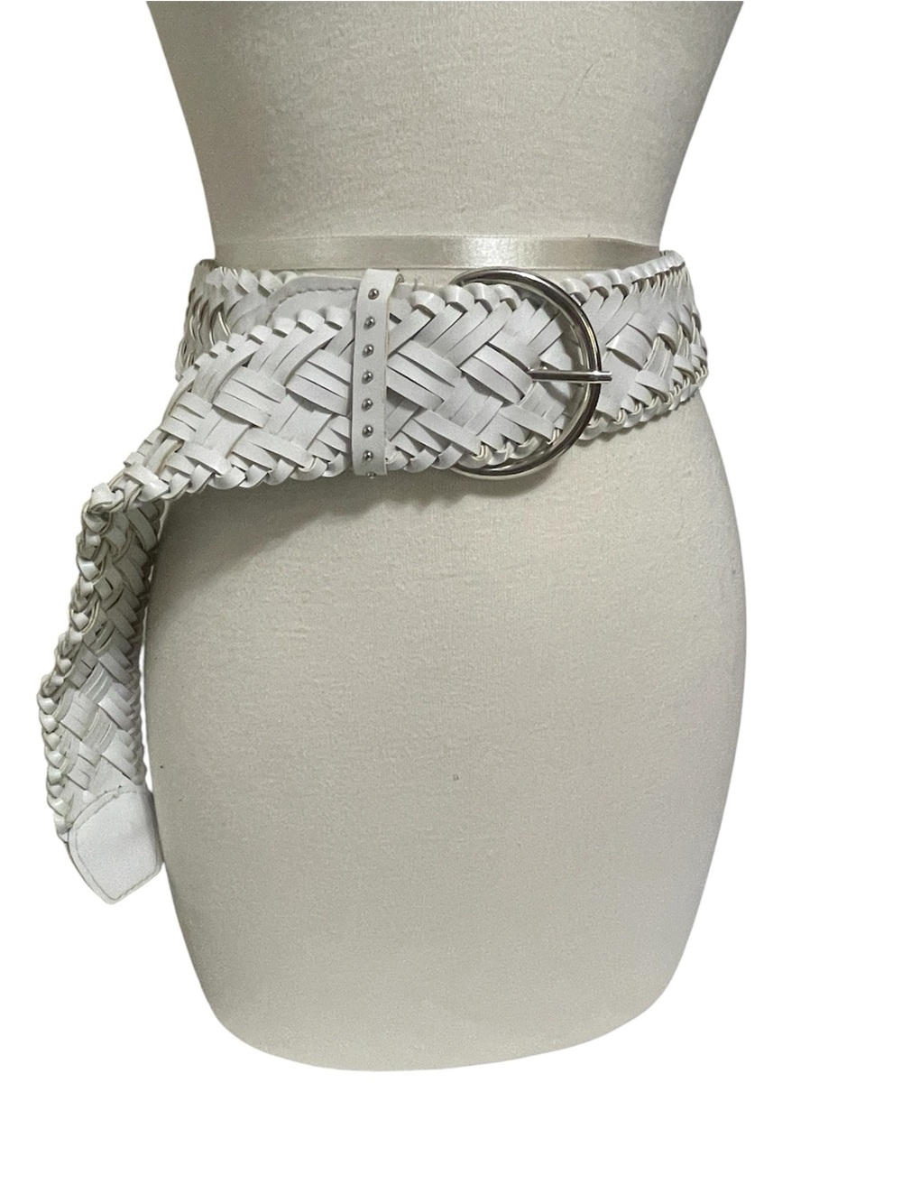 White Braided Faux Leather Belt with Silver Ring Buckle